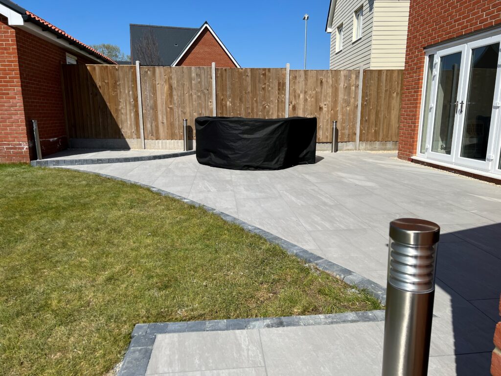 Hard landscaping patio tile installation in Braintree, Essex