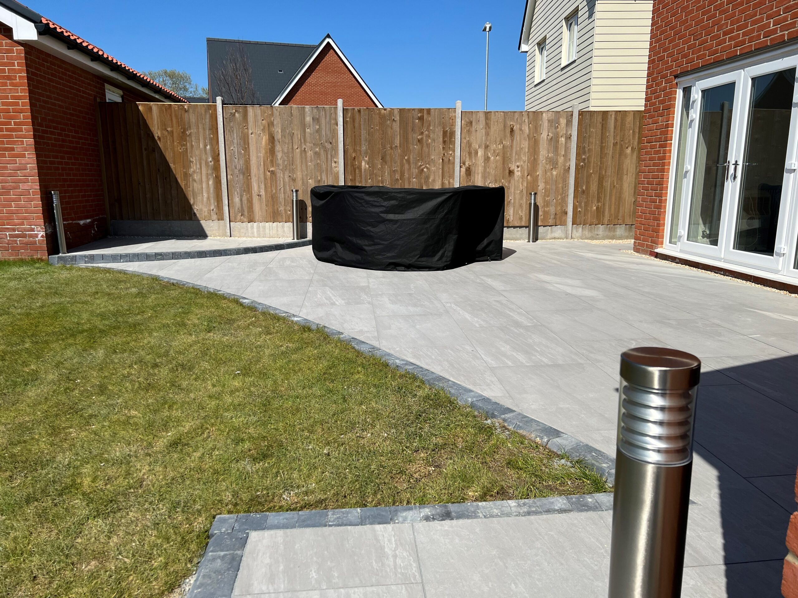 Hard landscaping patio tile installation in Braintree, Essex