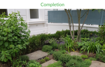 Completed installation of Yorkstone paving slabs soft landscaping in London