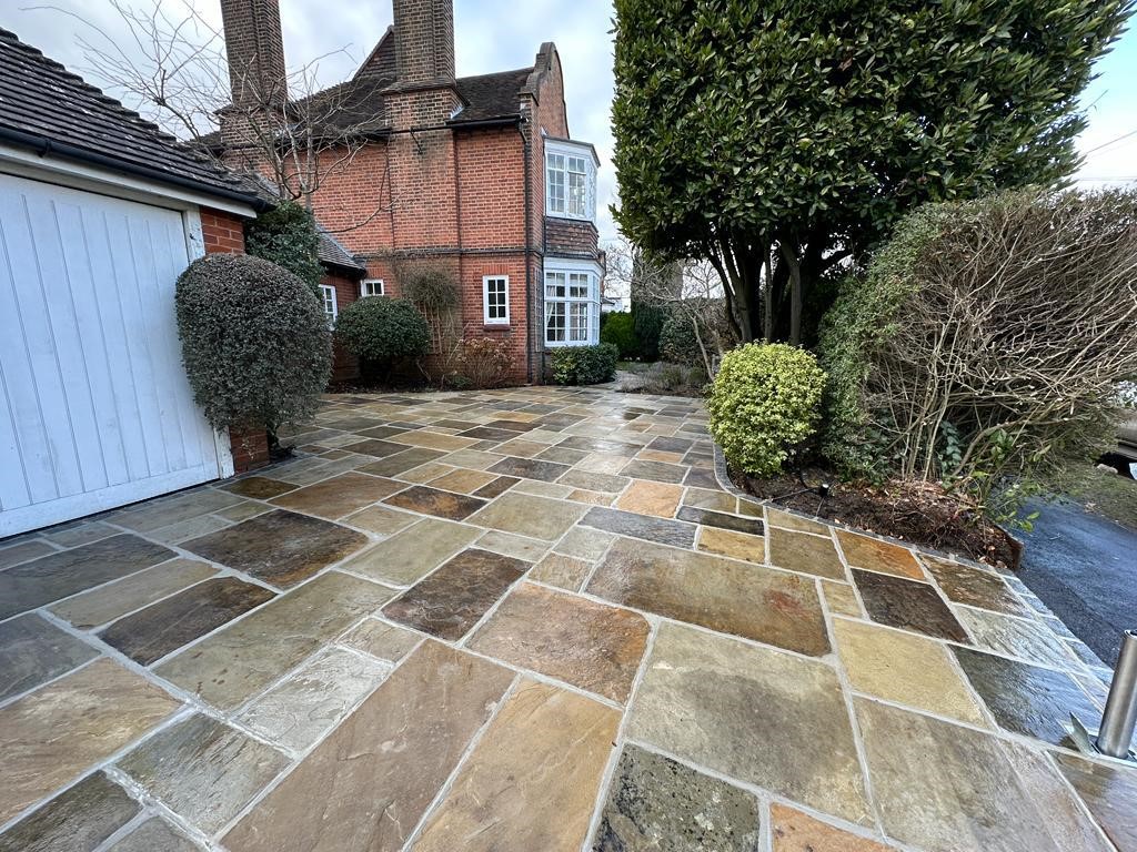 Driveway resurfacing in Shenfield, Essex with reclaimed Yorkstone completed by Greenstone Landscapes